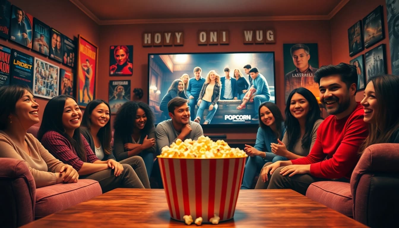 Gathering of movie lovers enjoying films and popcorn, showcasing allmovieshub.