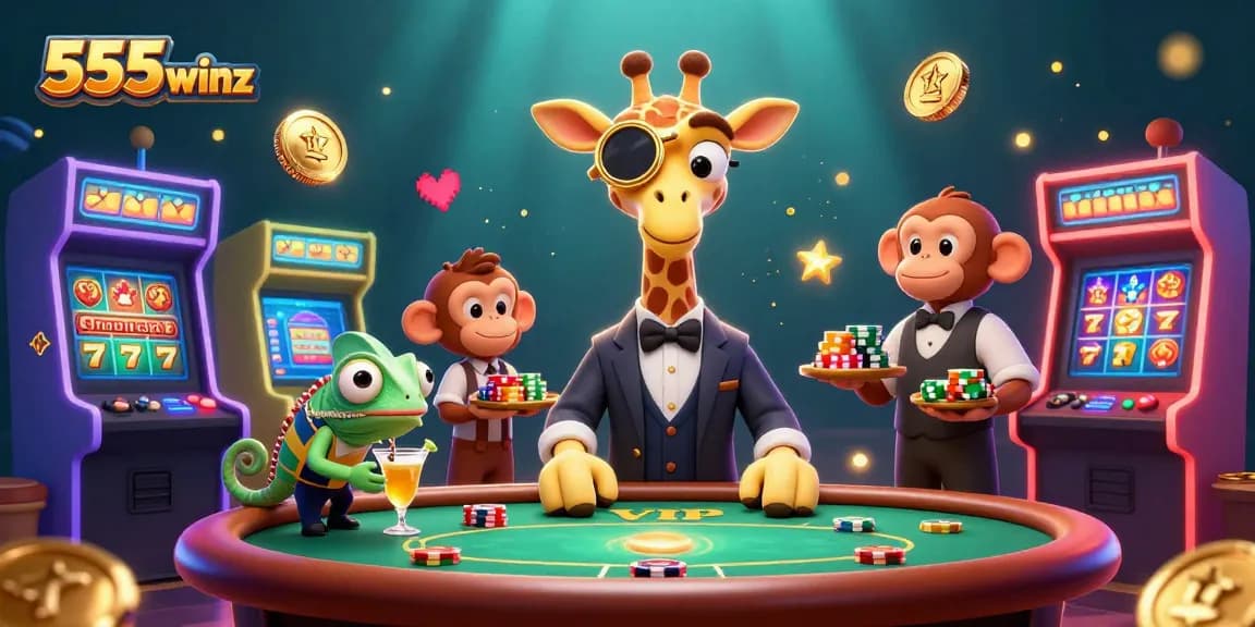 Experience thrilling wins with 555winz at the vibrant VIP poker table featuring unique cartoon characters and colorful casino elements.