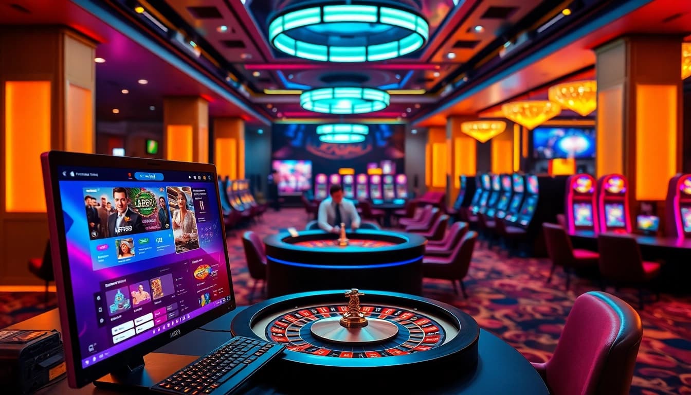 Engaging gamblers with AF88 đăng nhập on a sleek online casino interface, dynamic gaming scene.