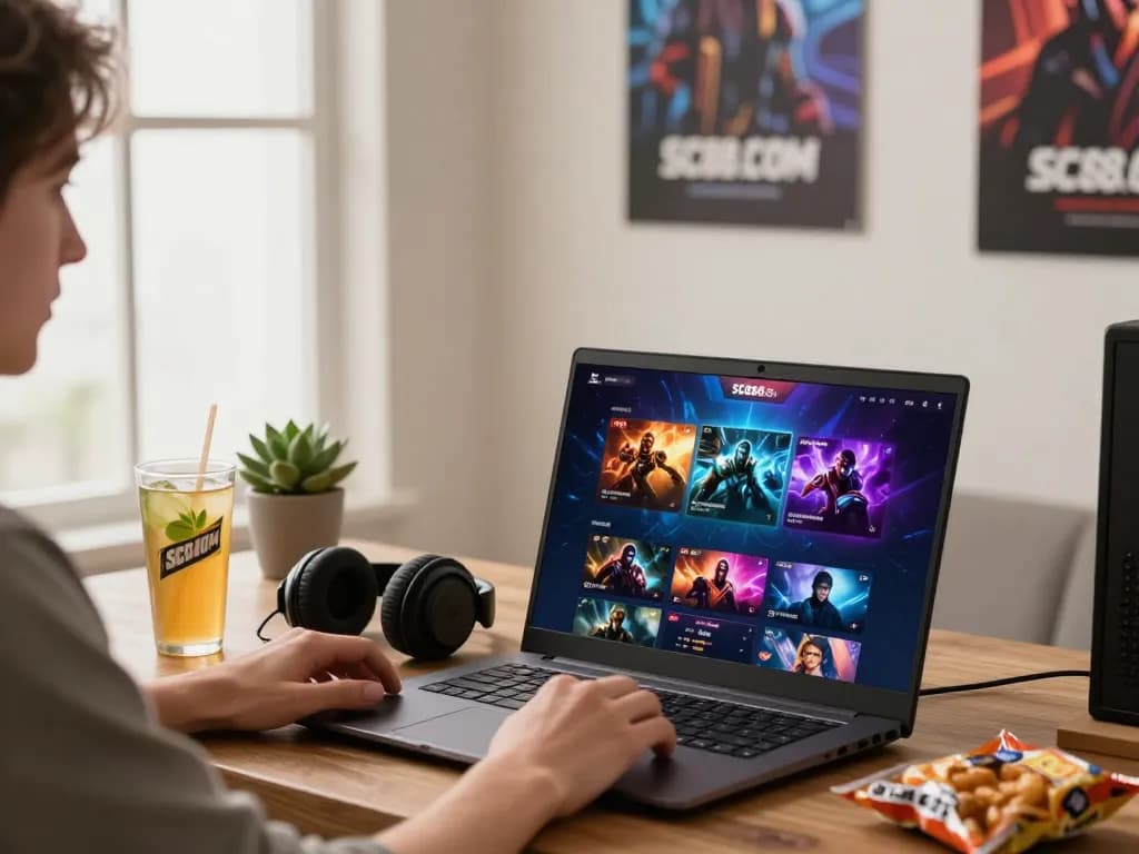 Engaged user exploring games on SC88.COM with vibrant graphics in modern gaming setup.