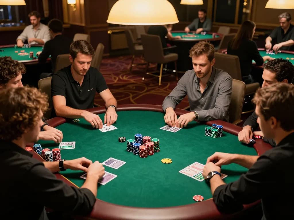 LC88 poker players strategizing in an upscale casino with vibrant chips