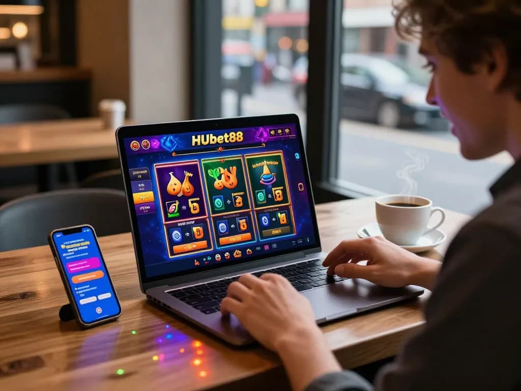 Engaging moment using HUbet88 online gambling platform at a coffee shop, laptop displaying vibrant betting options.