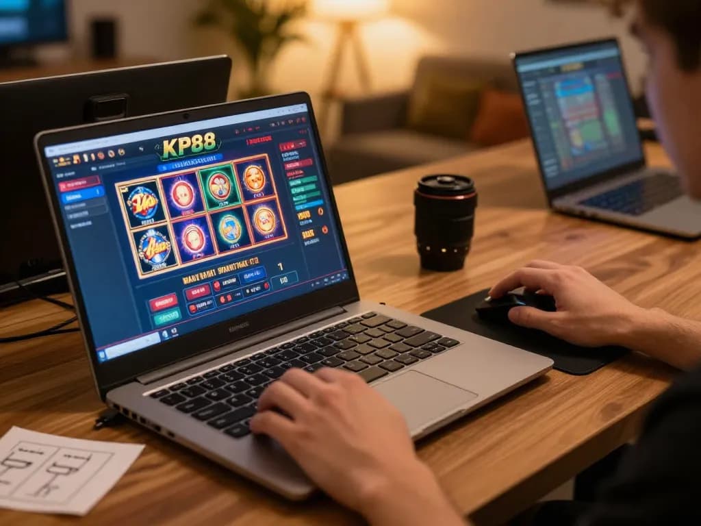 KP88 online gaming experience showcasing a player engaged with dynamic casino interface and warm ambient lighting.