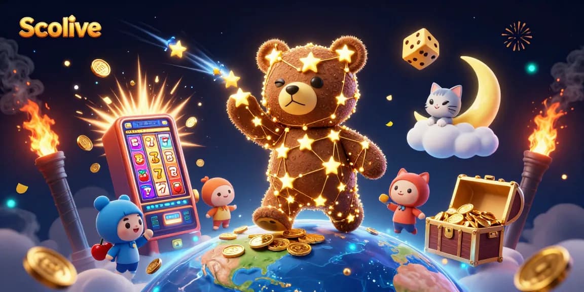 Socolive immerses gamers in a dynamic 3D casino scene surrounded by golden slot machines and playful characters.