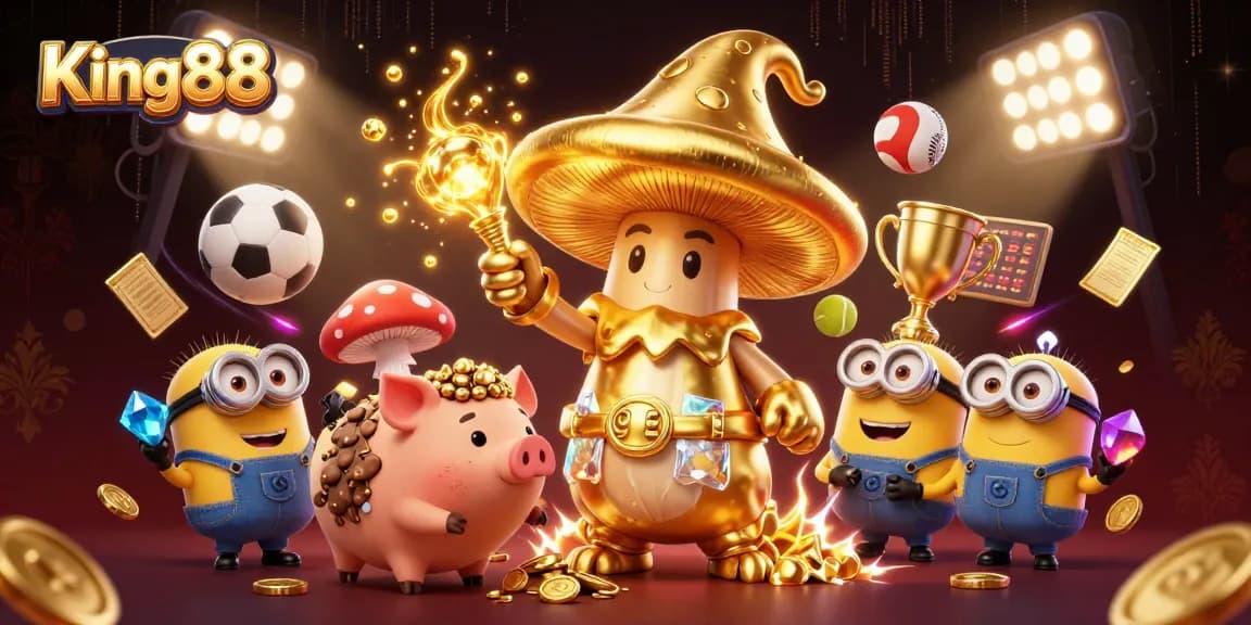 Experience sports betting excitement at King88 with vibrant casino-themed 3D illustration featuring golden wizard and treasures.