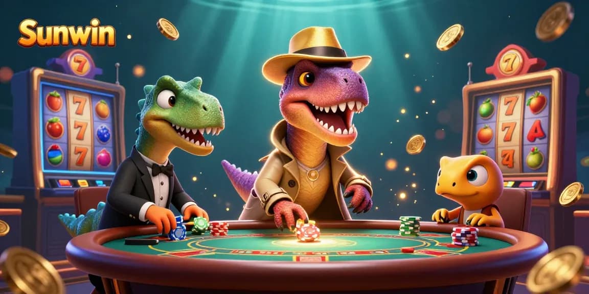 Engage with Sunwin's thrilling slots action featuring a velociraptor card counter amidst vibrant casino elements.