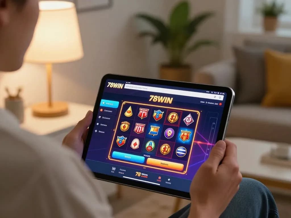 Experience thrilling gameplay with 78WIN on a vibrant tablet in a cozy home setting