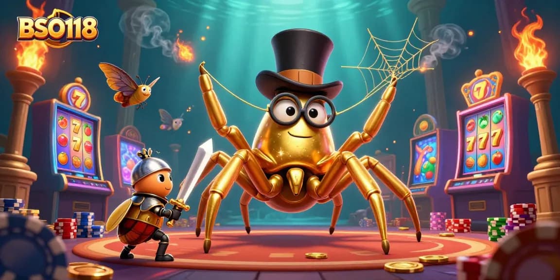 Engage with BSO118, where a giant tarantula entertains players in a vibrant casino scene.