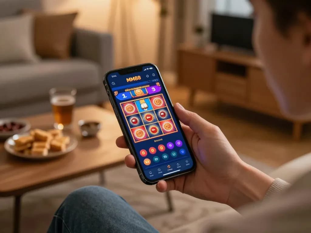 Engaging in online gambling with MM88 app on smartphone, showcasing slot game excitement in a cozy living room.