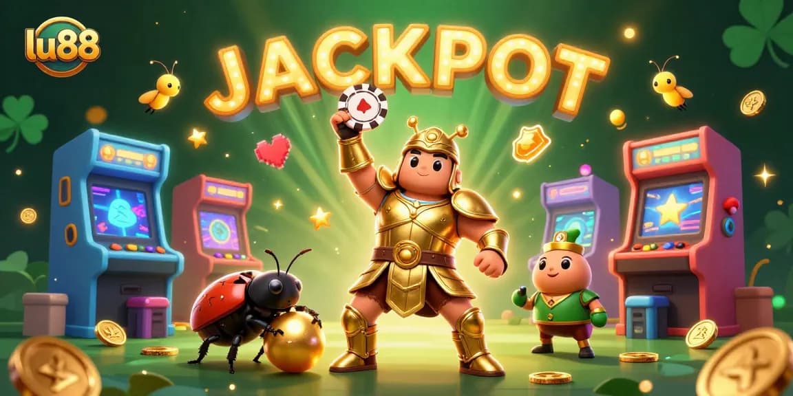 Experience thrilling wins with lu88 featuring a heroic beetle and vibrant casino elements.