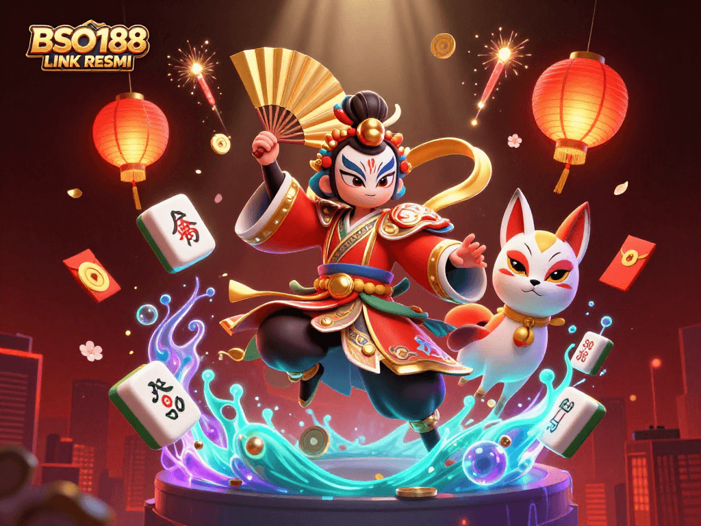 Engage in vibrant gameplay with BSO188 LINK RESMI showcased in a colorful scene featuring kabuki warrior and festive casino elements.