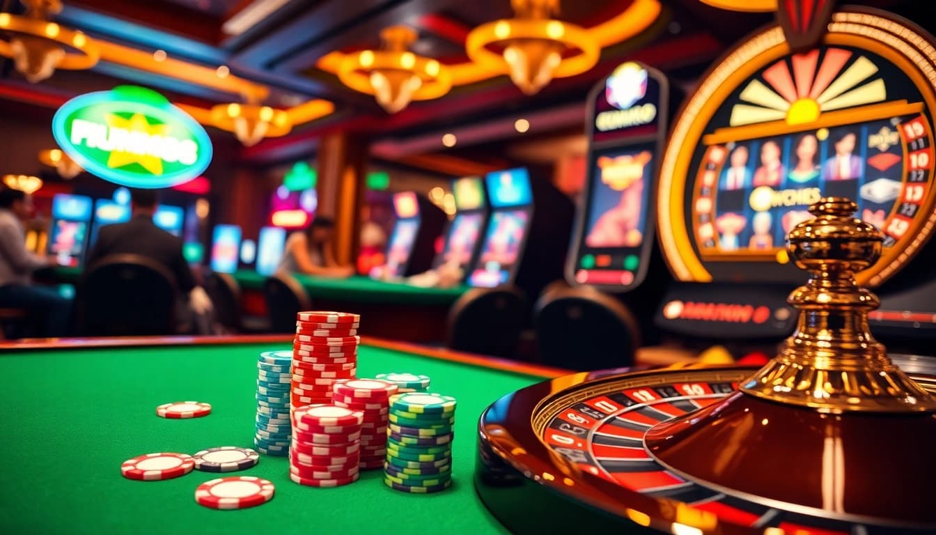 Players enjoying an exciting game at MMOO casino tables, filled with poker chips and roulette wheels.