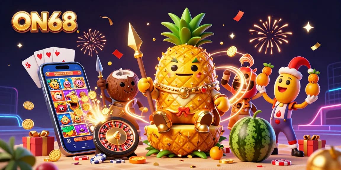Experience thrilling gameplay at ON68 with a vibrant beach casino scene featuring a golden pineapple king and a dynamic gaming atmosphere.