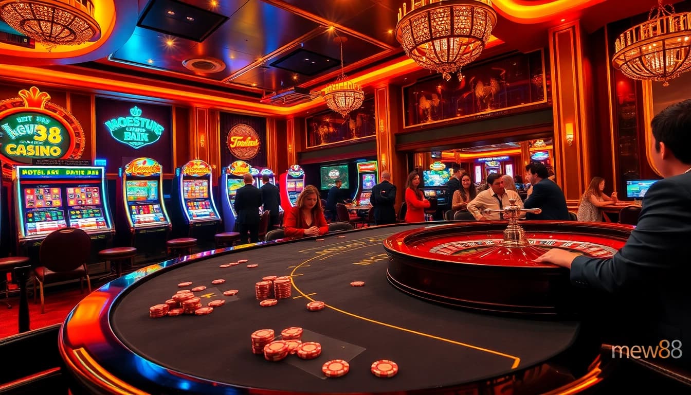 Players enjoying a thrilling moment at new88 casino tables with poker chips and slot machines.