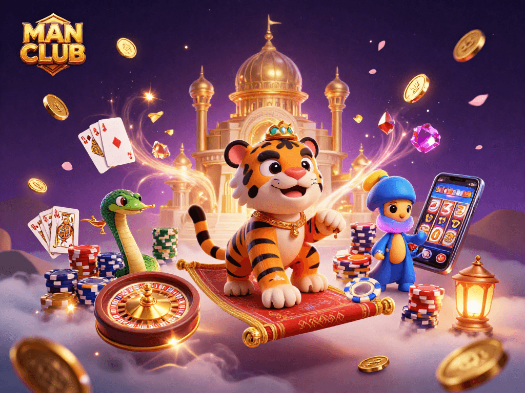 Experience the thrill of the MAN CLUB with vibrant casino elements in a rich, dynamic scene.
