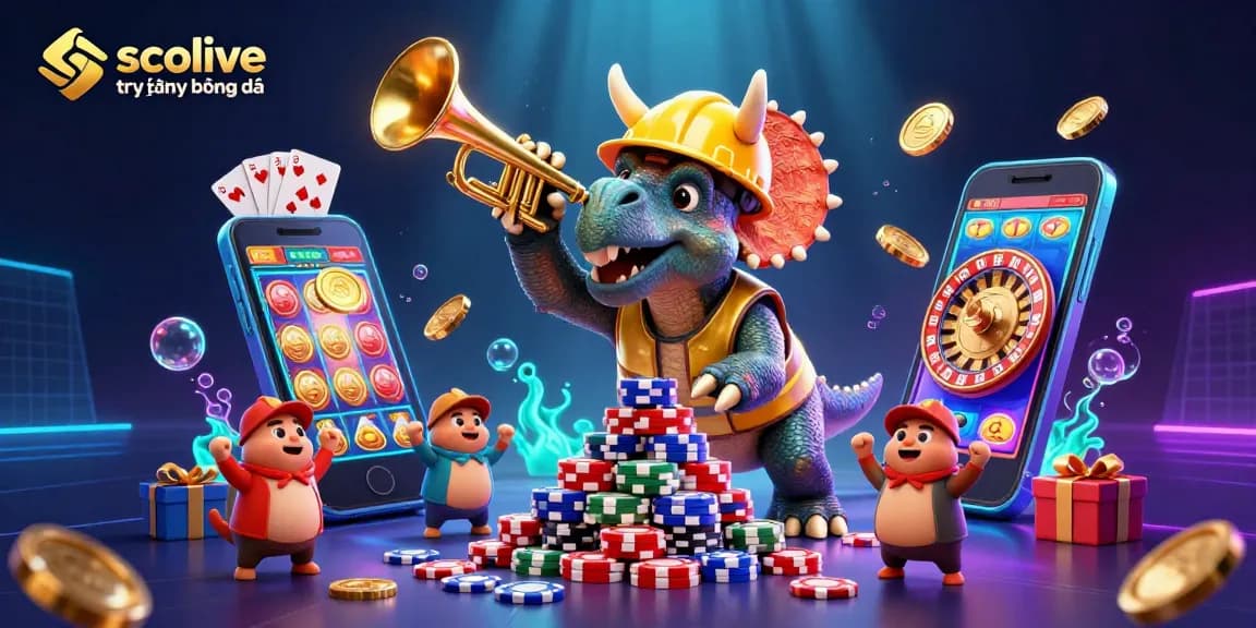 Socolive trực tiếp bóng đá showcases animated characters building chips, celebrating gaming action with vibrant elements