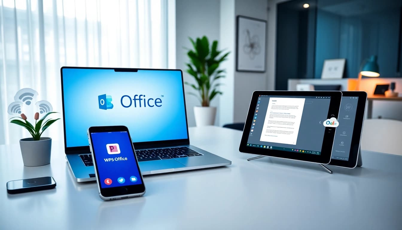 WPS下载展示WPS Office在现代笔记本电脑、智能手机和平板电脑上的专业办公环境。