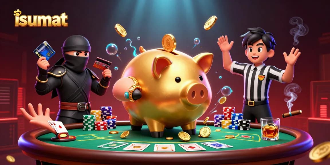 Experience isumat with a dynamic scene featuring a golden piggy bank sumo wrestler, battling a wallet ninja in a vibrant casino.