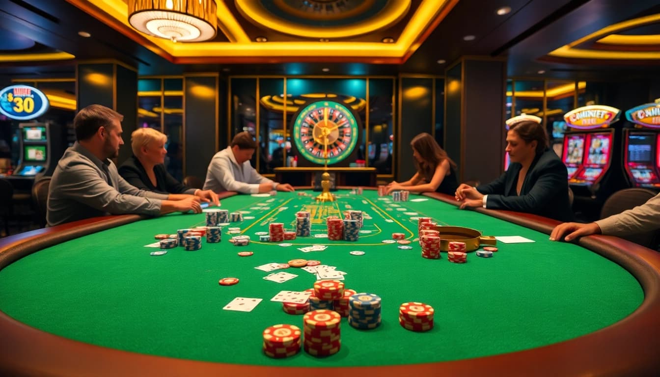 Players enjoying a thrilling game at nhà cái 88bet casino, featuring poker chips and cards.