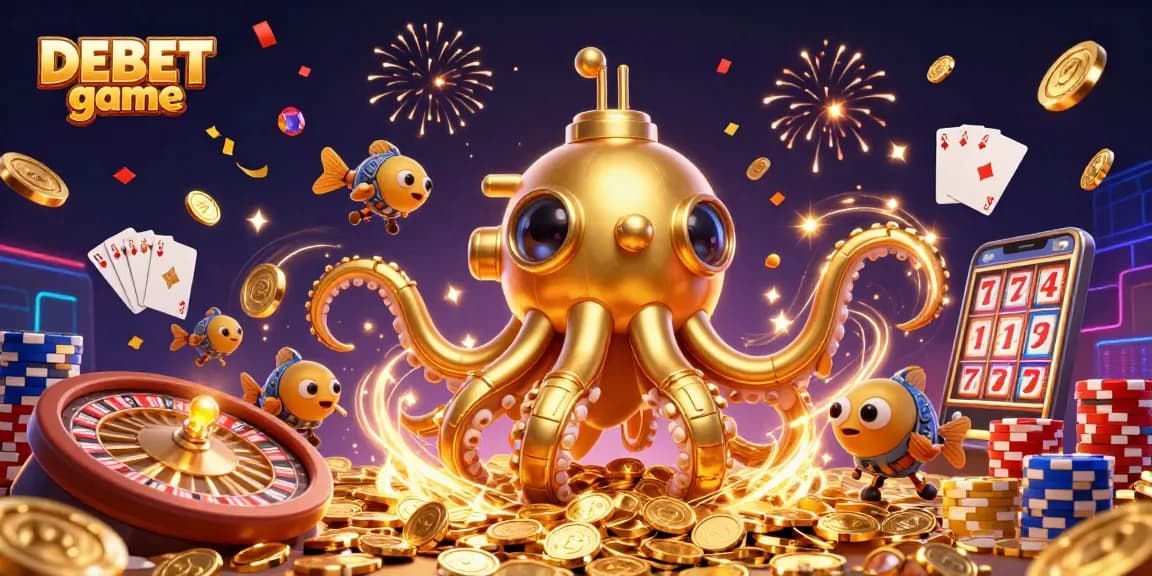 Play DEBET game with a golden kraken submarine in a lively casino setting filled with treasures.