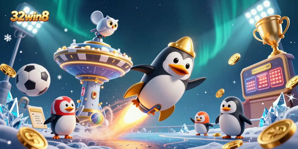 Spin to win at 32win8 as the golden penguin flies past a sparkling casino!