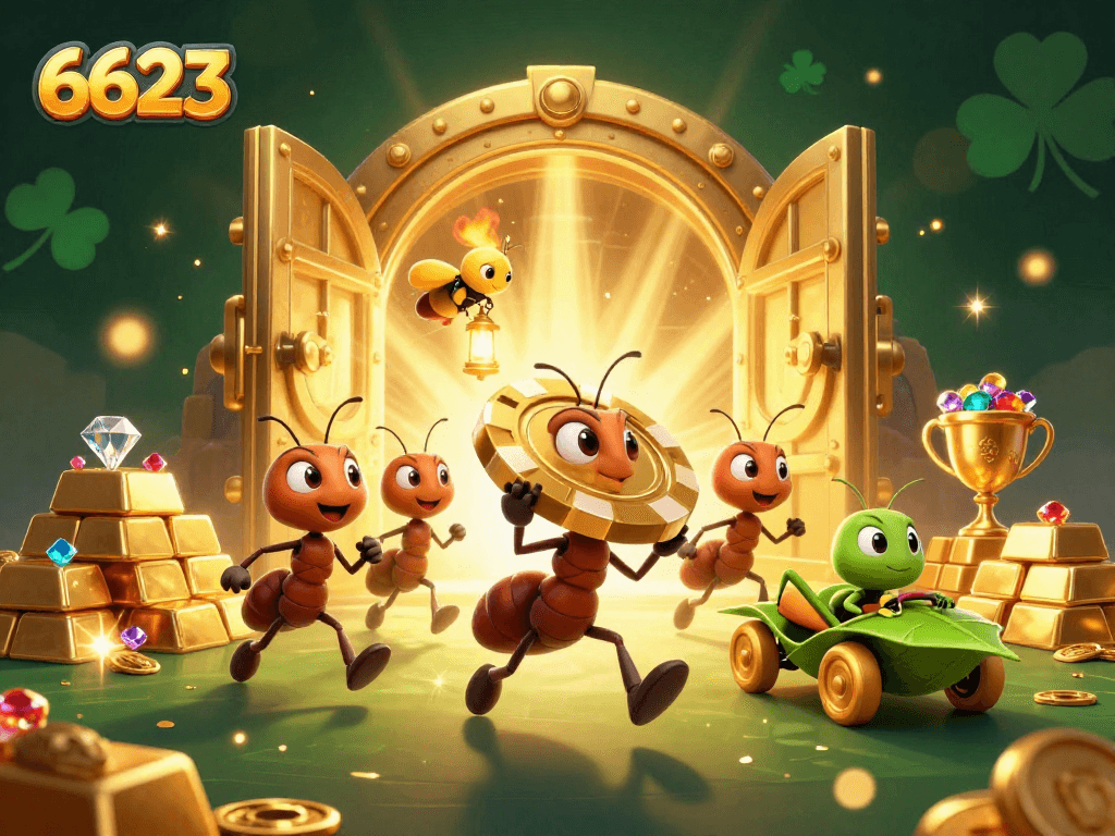 Experience thrilling adventures with 6623 as ants carry a massive poker chip in a vibrant casino heist scene.