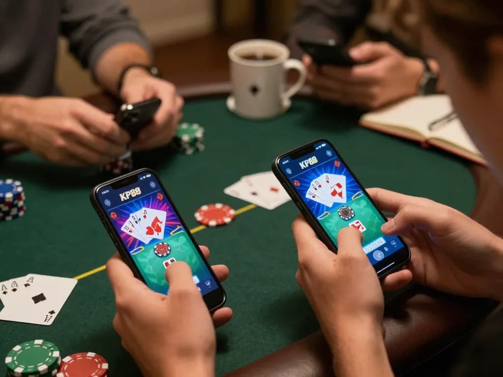 Engaged players enjoying KP88 app for online poker with vibrant graphics and strategic notes