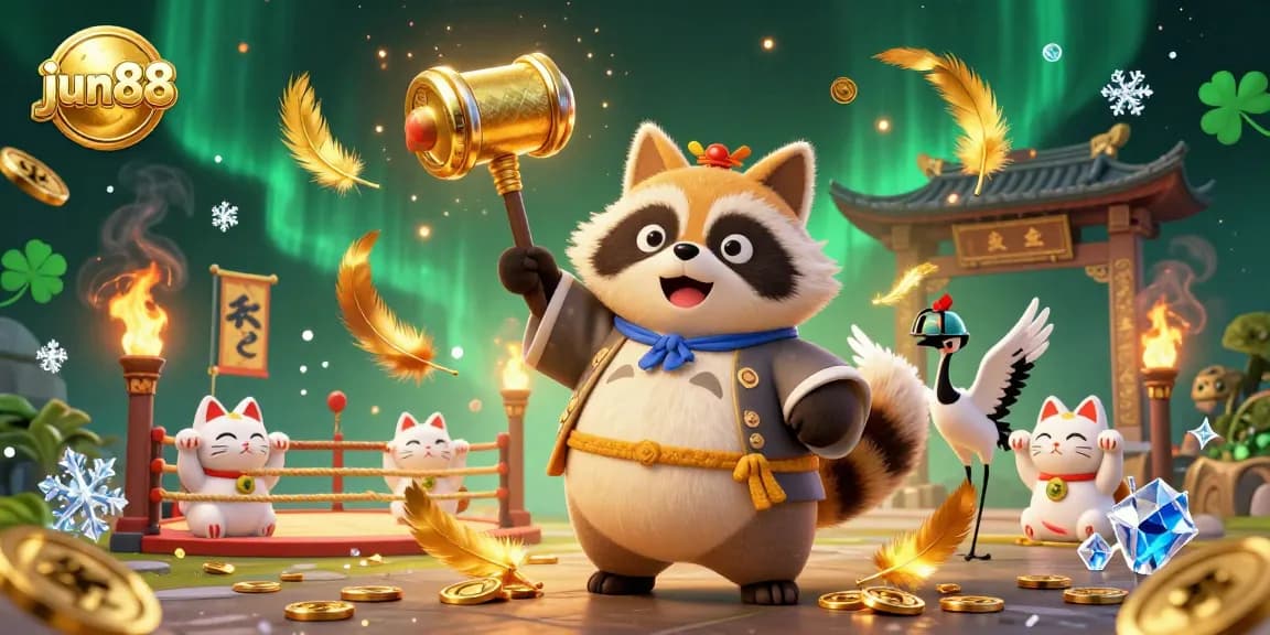 Experience exciting gameplay at jun88 with a cheerful tanuki and fortune cats in a lively casino illustration.