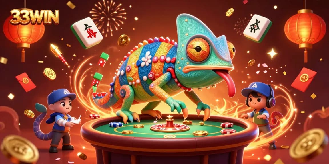 Experience thrilling gameplay at 33WIN with a vibrant chameleon casino owner amidst floating mahjong and golden coins.