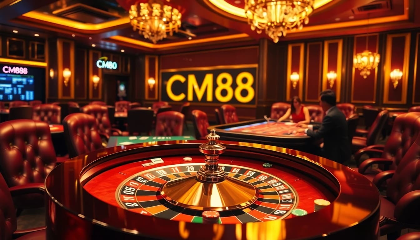 Experience the thrill of winning at CM88's luxurious casino with roulette and excited players.
