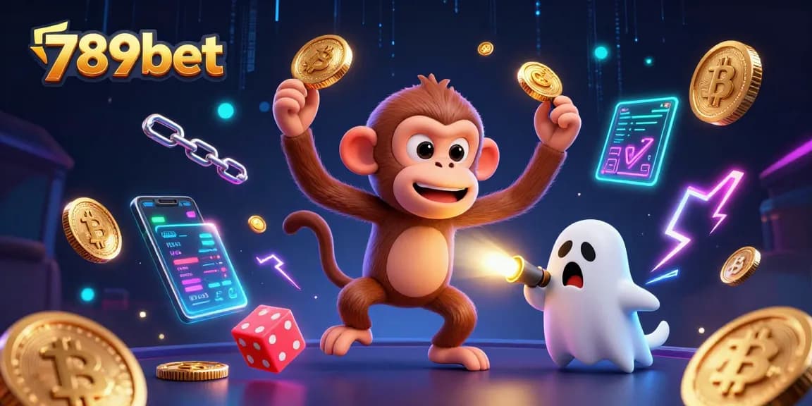 Engage with the excitement of 789bet's haunted casino, featuring a mischievous monkey and a ghost-hunter puppy.