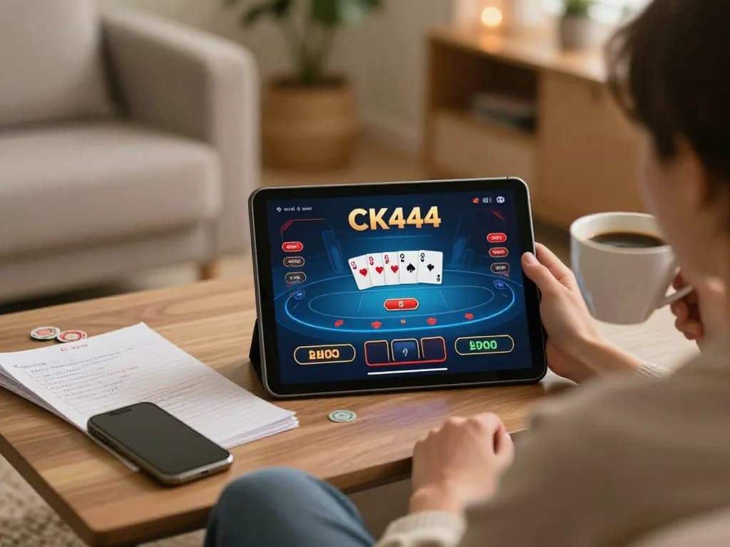 Player enjoys CK444 poker game on a tablet in a cozy home setting.