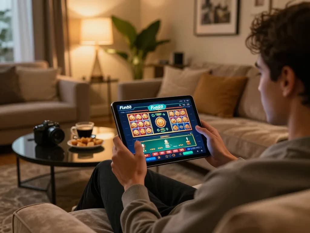 Engaging gaming scene showing Fun88 app on tablet as player enjoys online gambling in a cozy living room.