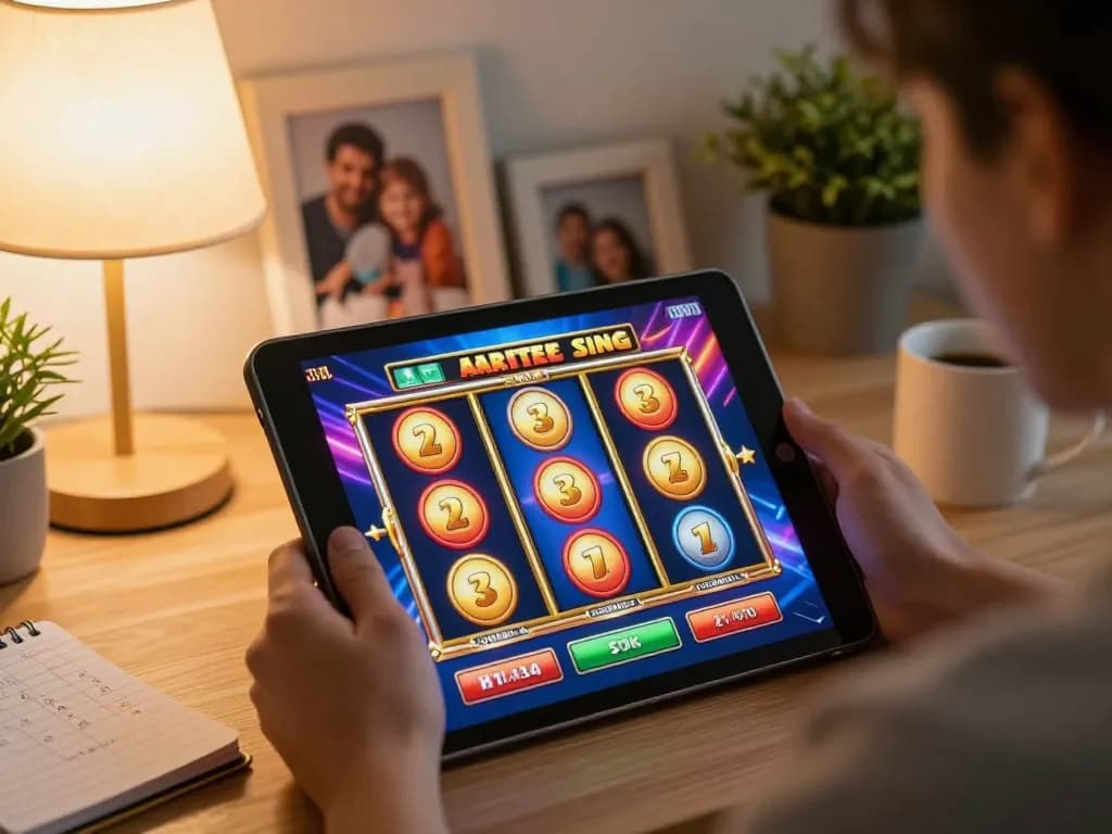Player enjoying a slot deposit 5000 game on tablet at home with cozy atmosphere and engaging visuals