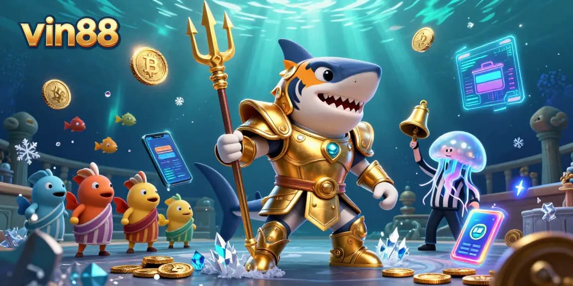 Experience the excitement of vin88 with a vibrant animation featuring a gladiator shark in the casino world.