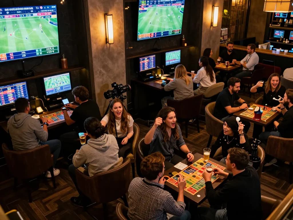 Kèo nhà cái enthusiasts engaging in live sports betting at a vibrant lounge with screens displaying odds.