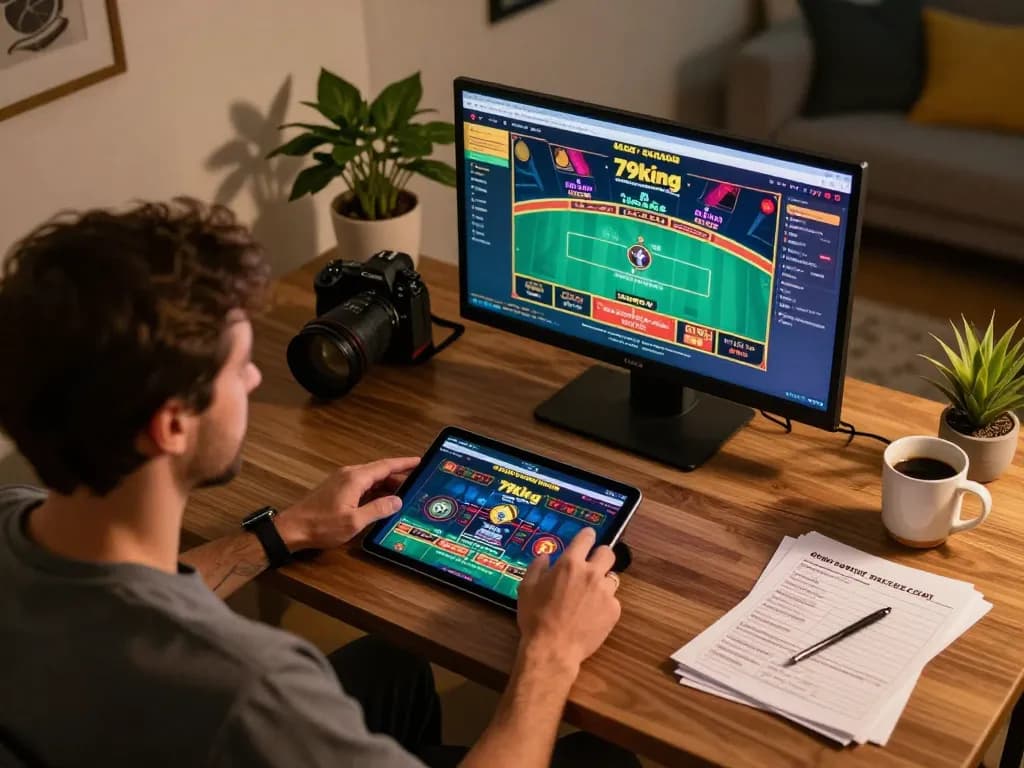 Engaging with the 79king app during an online casino session shows a focused gamer.