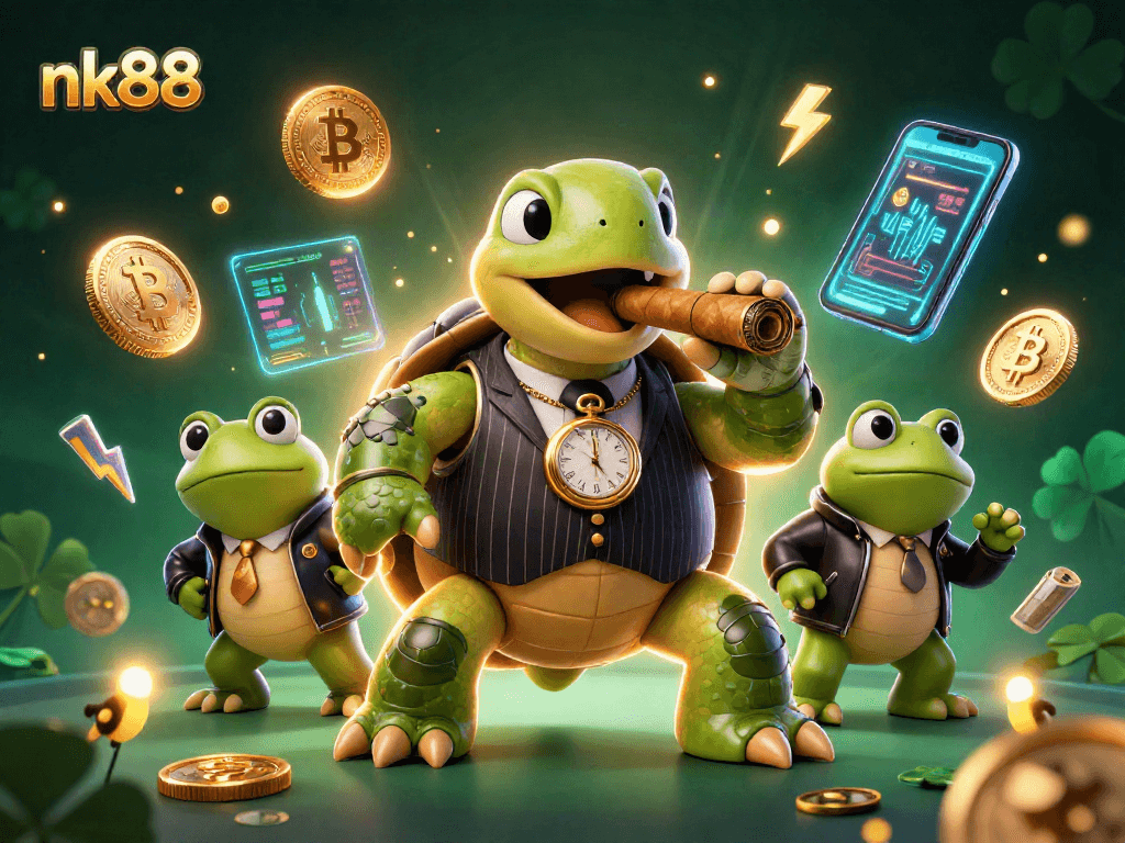 Experience thrilling gameplay with nk88 as a cartoon turtle in a casino scene, showcasing crypto coins.