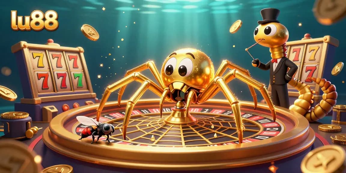 lu88 showcases thrilling slot games with a vibrant golden web and lucky symbols
