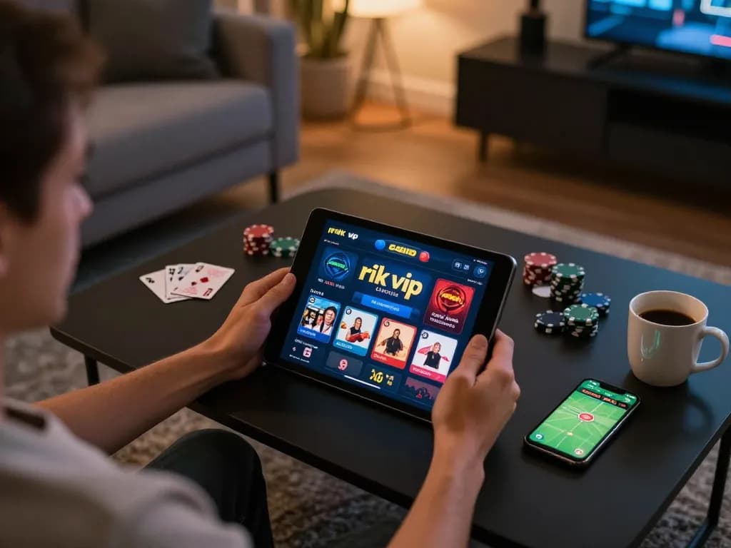 Player engaging with the rik vip app during a casual home gaming session, showing excitement and strategy
