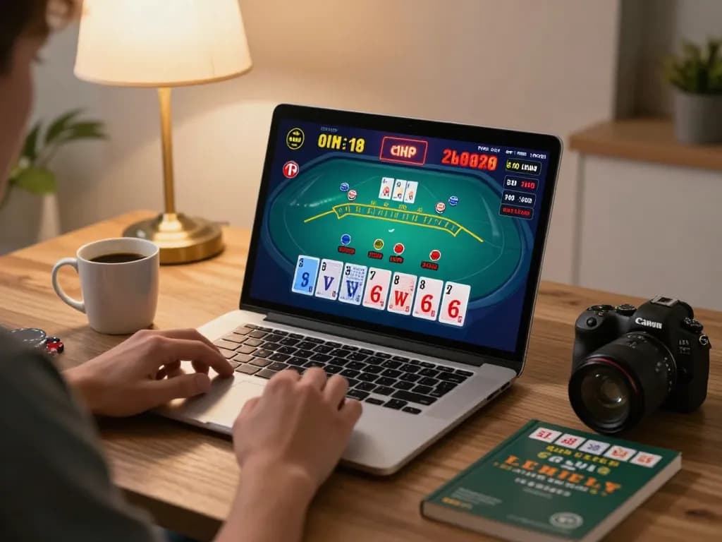 Player engaging in a live dealer blackjack game at home on a laptop while implementing TR88 strategies for better odds.