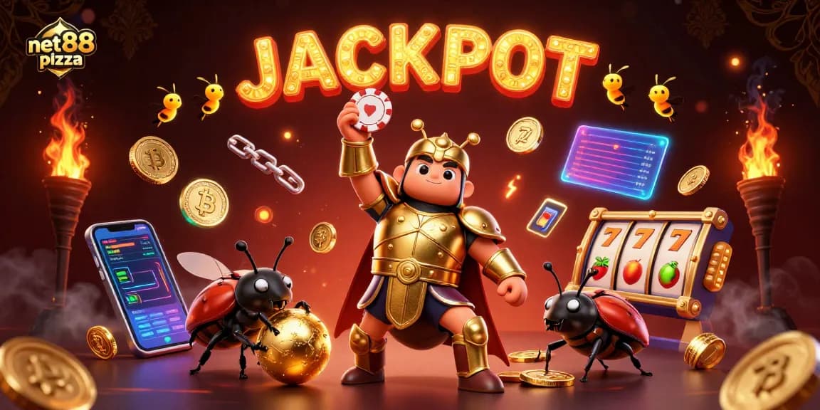 Win with net88 pizza in a vibrant 3D casino scene featuring jackpot celebrations!