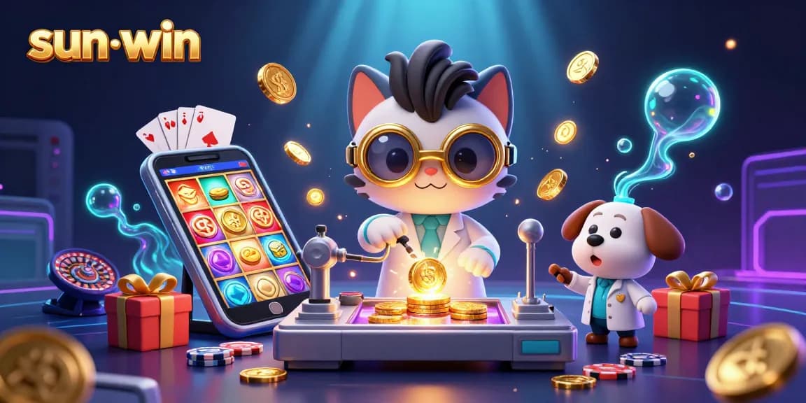 Join the fun with sun-win while mad scientist cat creates gold coins amidst casino games.