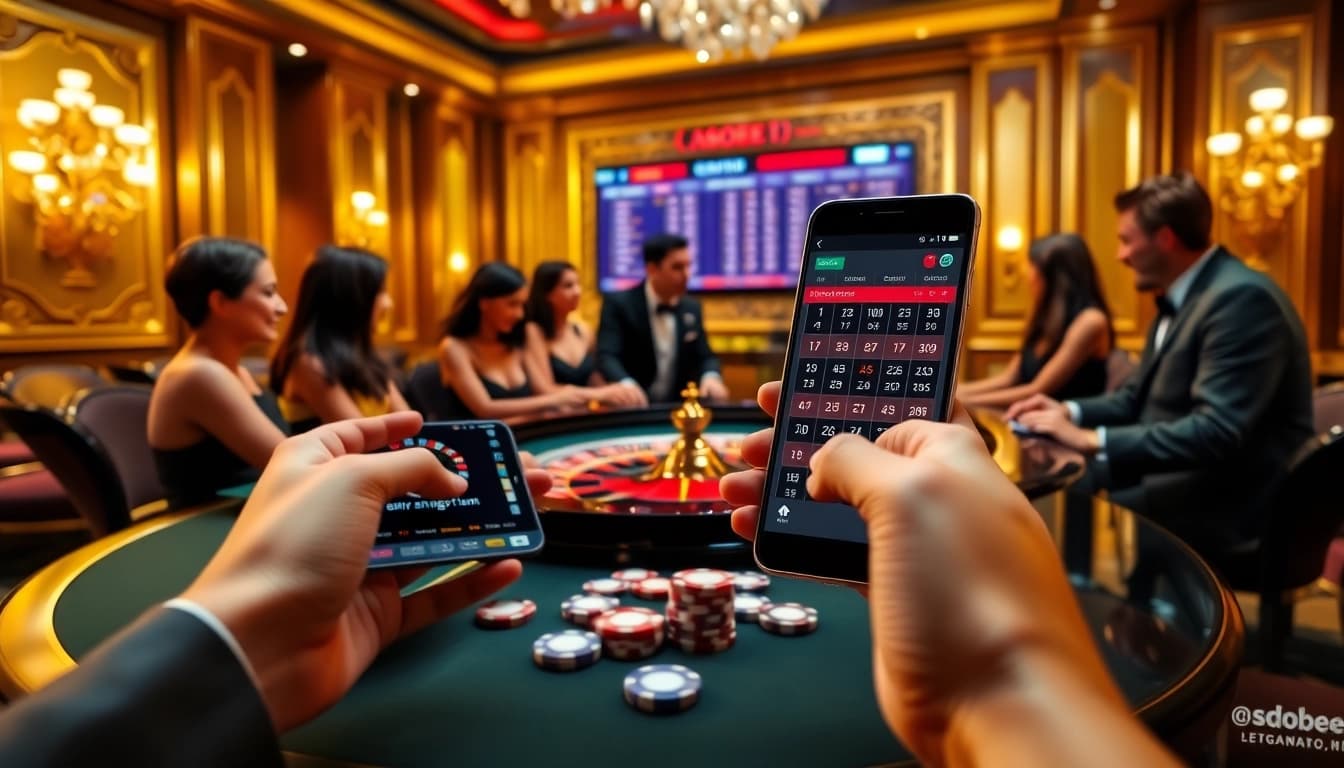 Experience sbobet link alternatif in action as players engage around a roulette table with odds displayed.