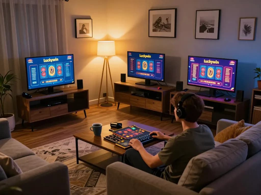 Engaged player using luckywin online casino app during a cozy gaming session at home.