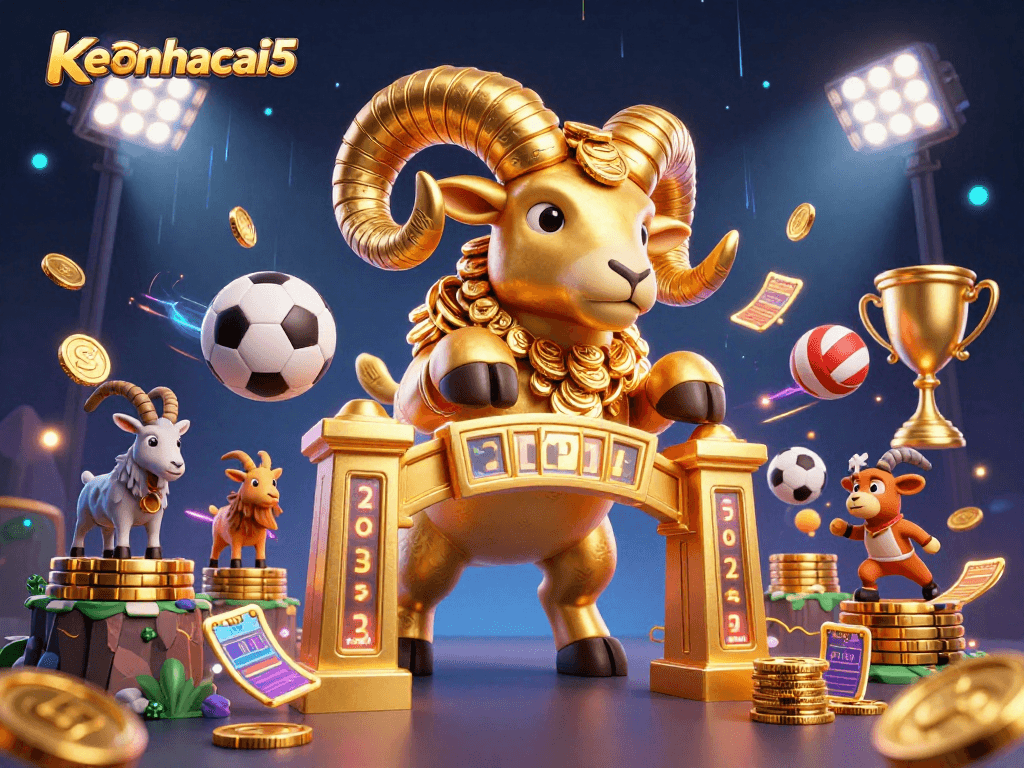 Engage with keonhacai5's thrilling sports betting scene of animated golden ram and sports elements.
