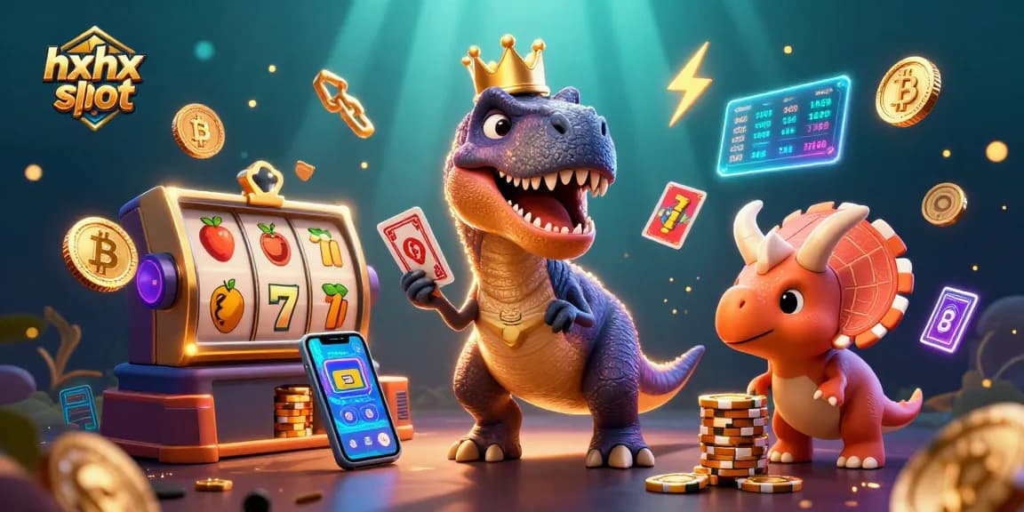 Hxhx slot com dinossauros jogando e empilhando fichas em meio a símbolos de sorte.