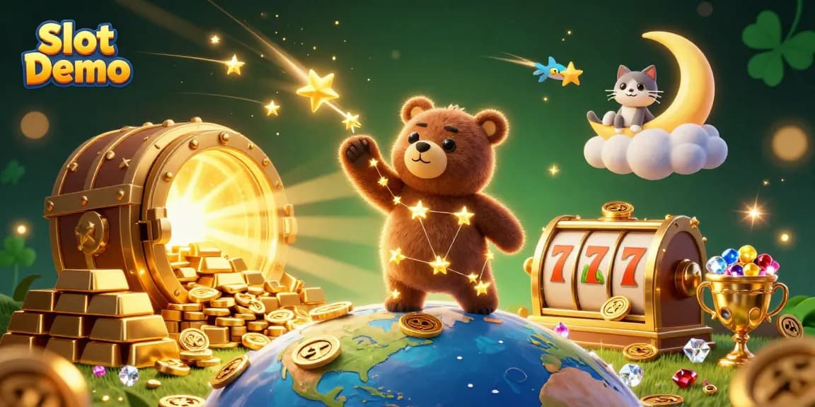 Experience thrilling Slot Demo action with a dazzling bear and treasures in this 3D illustration.