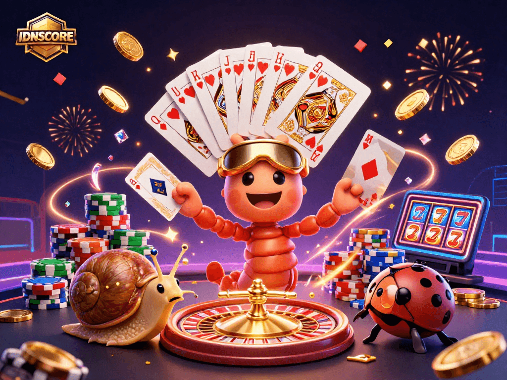 Experience thrilling gaming with IDNSCORE, featuring a colorful scene of characters, cards, and casino elements.