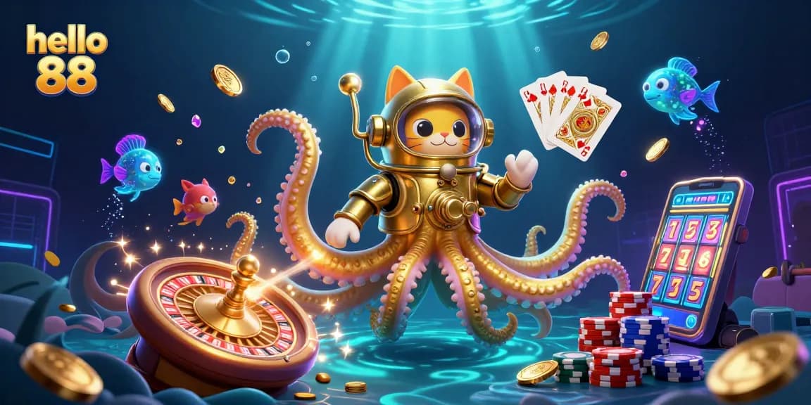 Experience the thrill of hello 88 with a kraken and diving cat amid casino elements.